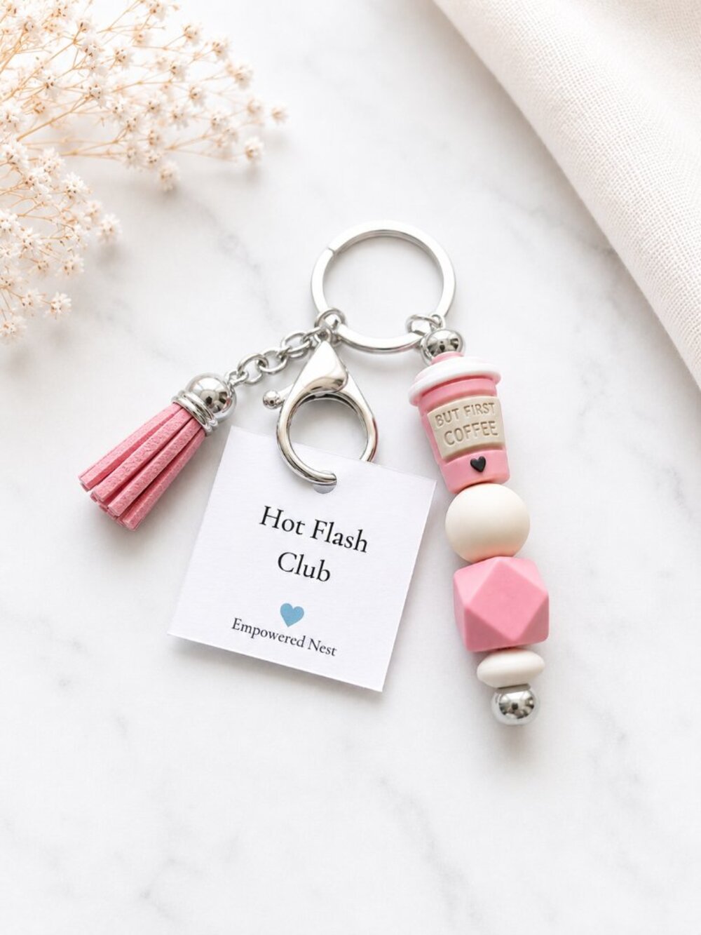 "But First Coffee" Charm Keychain, Pink - Picture 2 of 2